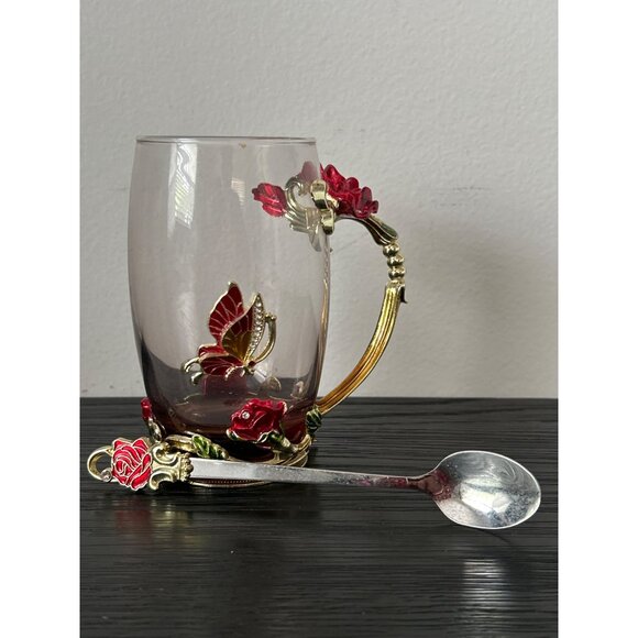 ARC of France Glass Mug Matching Spoon Butterfly & Flower Jeweled/Enamel Accents - Picture 3 of 9
